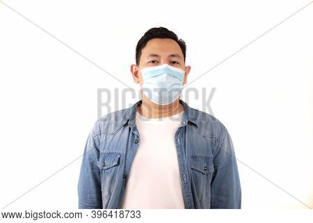 Man Wearing Protective Facial Mask. Nwe Normal Concept. Close Up Head Shot Portrait Isolated On Whit
