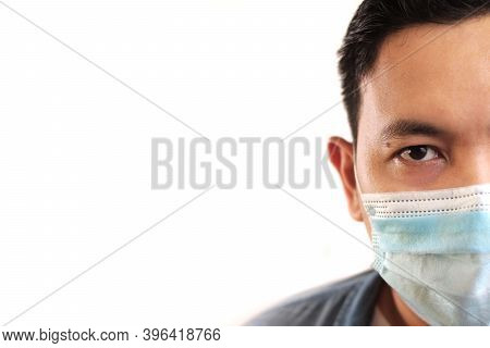 Man Wearing Protective Facial Mask. Nwe Normal Concept. Close Up Head Shot Portrait Isolated On Whit