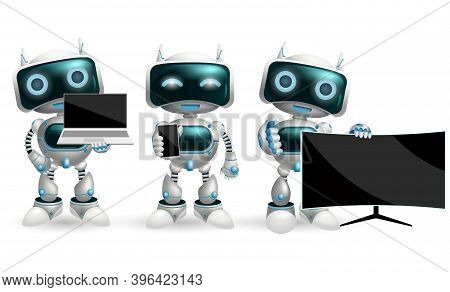 Robot Characters Vector Set. Robotic Character With Modern Devices Like Smartphone, Television And L