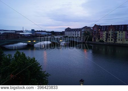 The Albert Bridge Is A Bridge In Belfast, Northern Ireland. Its Three Flat Arches Span The River Lag