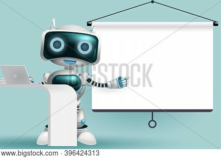 Robot Character Presentation Vector Background Design. Robotic 3d Character Pointing And Presenting 
