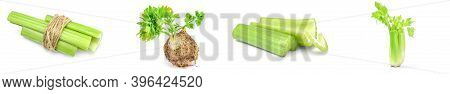 Collage Of Celeriac Isolated On A White Background