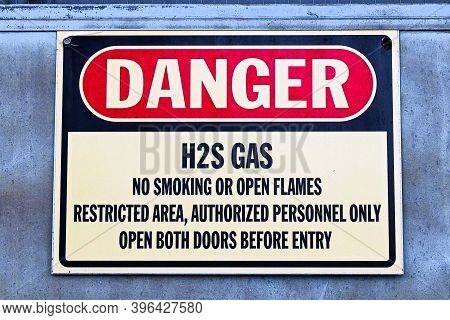 Closeup Of A White Danger H2s Gas Sign