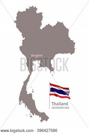 Silhouette Of Thailand Country Map. Highly Detailed Gray Map And National Flag And Bangkok Capital, 