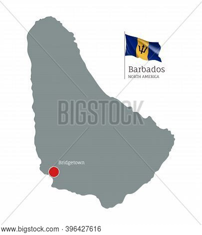 Silhouette Of Barbados Country Map. Gray Editable Map With Waving National Flag And Bridgetown City 