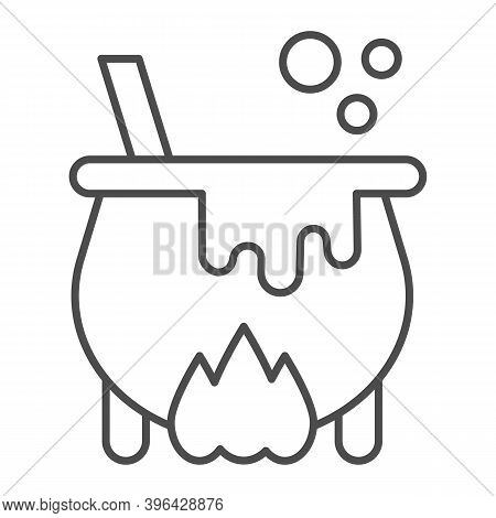 Cauldron With Magic Potion On Fire Thin Line Icon, Halloween Concept, Witch Pot Of Boiling Potion Si