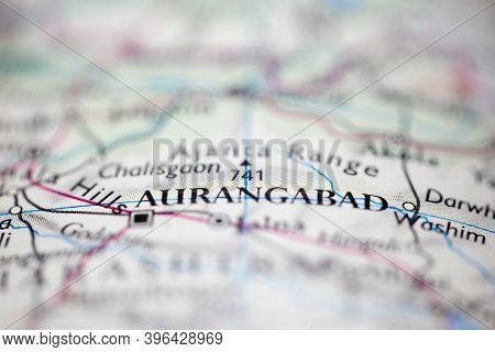 Shallow Depth Of Field Focus On Geographical Map Location Of Aurangabad India Asia Continent On Atla