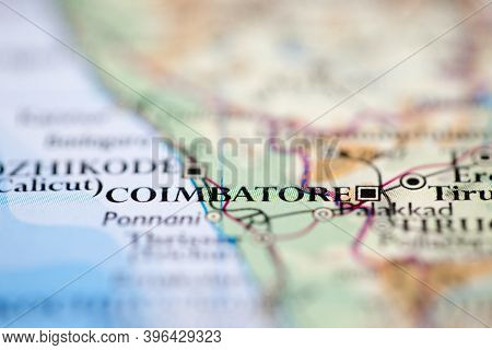 Shallow Depth Of Field Focus On Geographical Map Location Of Coimbatore Kovai India Asia Continent O