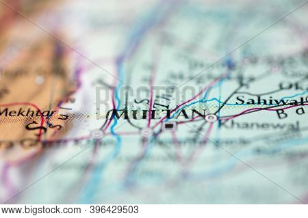 Shallow Depth Of Field Focus On Geographical Map Location Of Multan Pakistan Asia Continent On Atlas