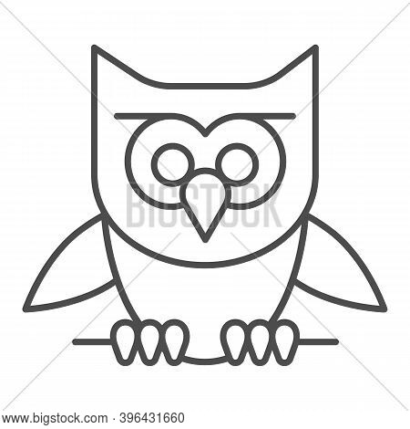 Owl Perched On Branch Thin Line Icon, Halloween Concept, Owl And Stick Sign On White Background, Sca