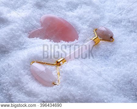 Pink Quartz Face Roller And Guasha Stone For Beauty Facial Massage Therapy. Skin Care Anti-aging Too