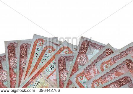 20 Nepalese Rupees Bills Lies On Bottom Side Of Screen Isolated On White Background With Copy Space.