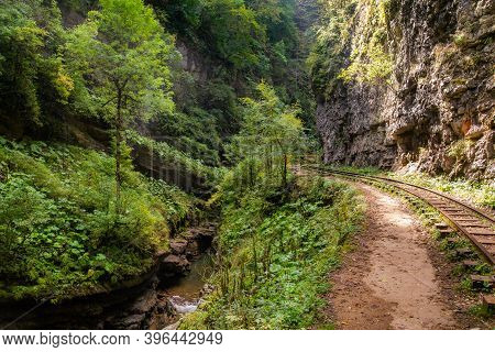 Old Narrow Gauge Railway. A Canyon Guamka, Path From Mezmay To Guamka. Russia, Krasnodar Region.