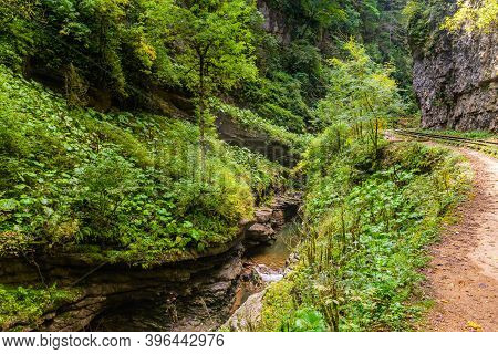Old Narrow Gauge Railway. A Canyon Guamka, Path From Mezmay To Guamka. Russia, Krasnodar Region.