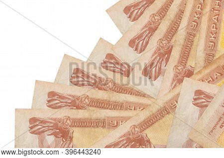 1 Ukrainian Coupon Bills Lies In Different Order Isolated On White. Local Banking Or Money Making Co