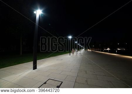 Maple Alley In French Garden In Public Landscape City Park Krasnodar Or Galitsky Park . Wooden Circu