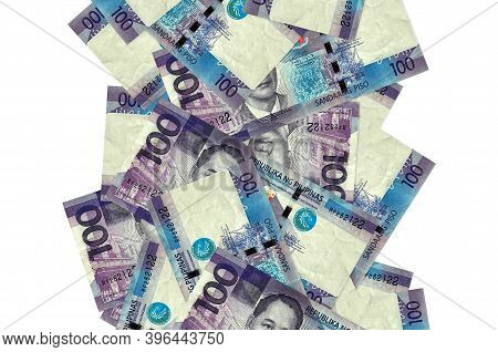 100 Philippine Piso Bills Flying Down Isolated On White. Many Banknotes Falling With White Copyspace