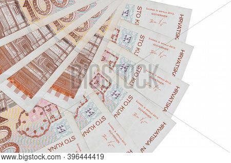 100 Croatian Kuna Bills Lies Isolated On White Background With Copy Space Stacked In Fan Shape Close