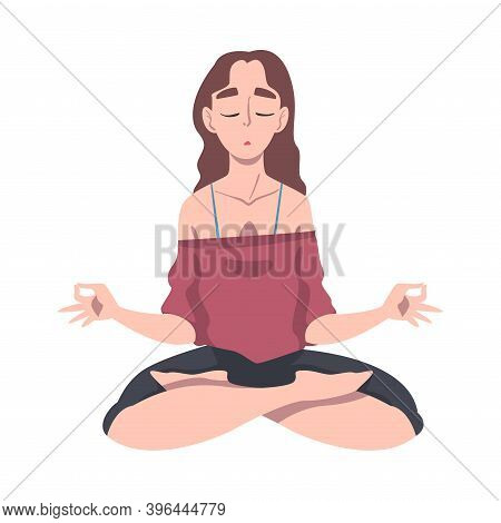 Meditative Female Engaged In Pranayama Practice Sitting In Lotus Position Vector Illustration