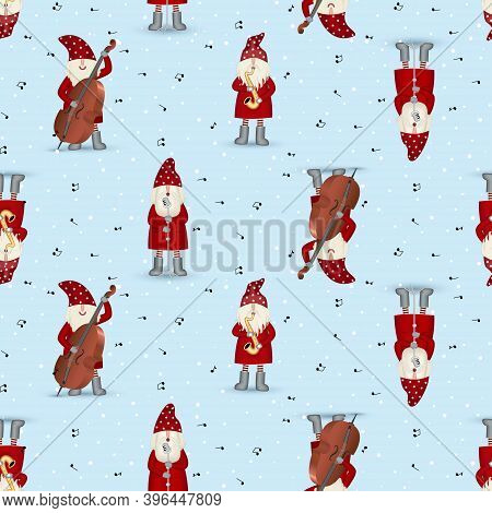 Seamless Symmetric Pattern Nisse Musician Santa Claus, Christmas Motive In Red Coat