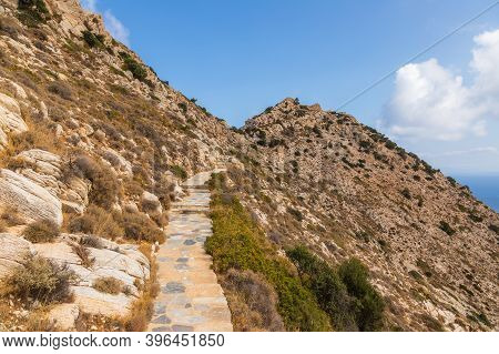 Stone Mountain Path To Palaiokastro, Ruins Byzantine Castle On The Top Of Hill. Ios Island, Greece.
