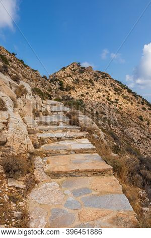 Stone Mountain Path To Palaiokastro, Ruins Byzantine Castle On The Top Of Hill. Ios Island, Greece.