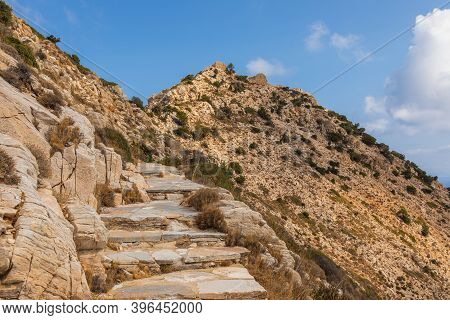 Stone Mountain Path To Palaiokastro, Ruins Byzantine Castle On The Top Of Hill. Ios Island, Greece.