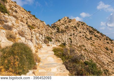 Stone Mountain Path To Palaiokastro, Ruins Byzantine Castle On The Top Of Hill. Ios Island, Greece.