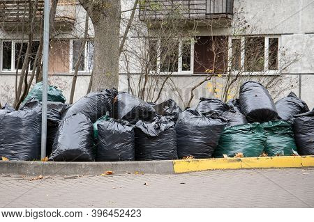 Stack Of Garbage Bag Or Bin Bag. Waste Sorting, Tidy And Clean Environmen