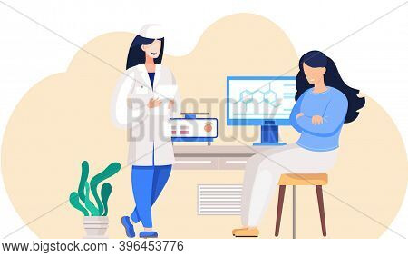 Patient Sitting In Doctor Office Talking With Female Doctor. Physician Medical Consulting. Diagnosis