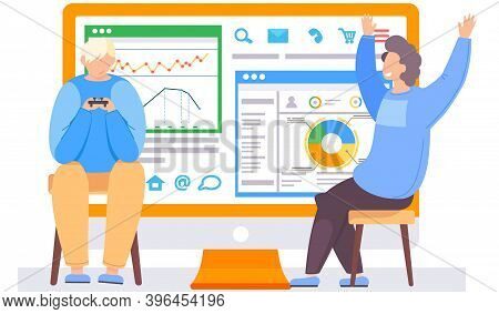 Man Happily Raises His Hands Up. Work With Statistics Indicators And Data Analysis Vector Illustrati