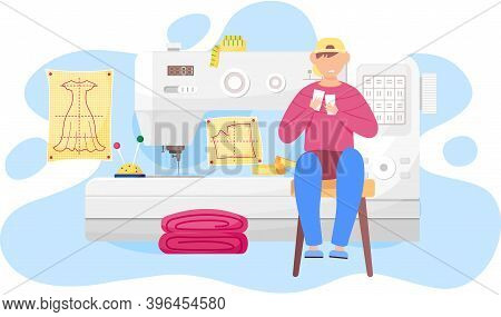 Happy Man Fashion Designer Is Making A Model, Sitting Near The Sewing Machine With Pink Cloth And Lo