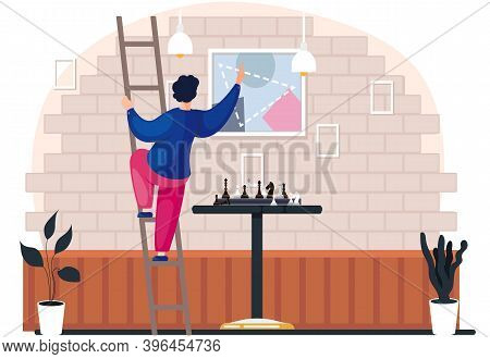 Cartoon Young Man Going Up The Stairs Hangs A Picture On A Brick Wall In The Room With Chess On The 