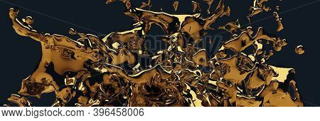3d Render, Gold Liquids Splash, Abstract Fluid Background