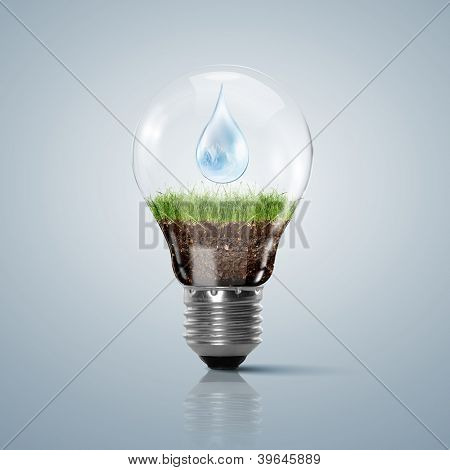 ECOLOY ábra-lámpa izzó, tiszta természet és a megújuló energiaforrások jelet belül