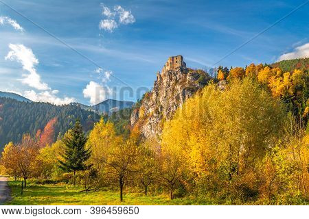 Medieval Castle Strecno In The Autumn Mountain Landscape, Slovakia, Europe.