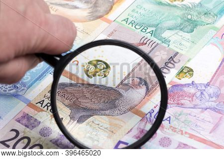 Aruban Money - Florin In A Magnifying Glass