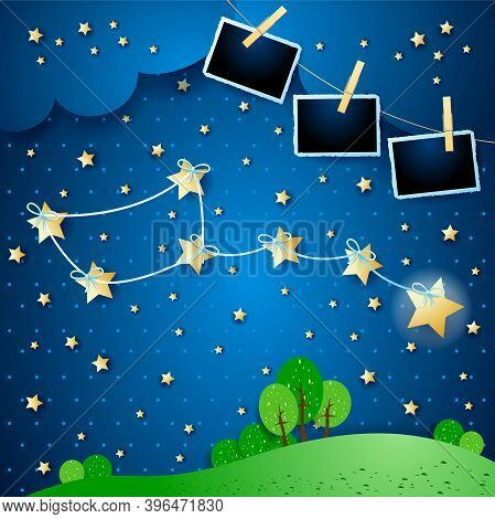 Surreal Night With Constellation And Photo Frames, Vector Illustration Eps10