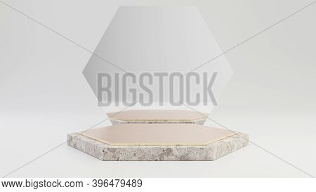 Stone Marble Podium With Gold Top Isolated On White Background. 3d Rendered Minimalistic Abstract Ba