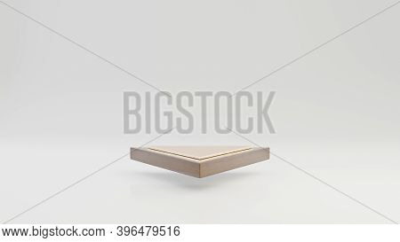 Levitating Triangle Wooden Podium With Gold Top Isolated On White Background. 3d Rendered Minimalist