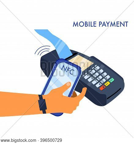 Nfc Contactless Technology. Payment Using Smartphone.pos Terminal With Receipt,confirms Money Transf