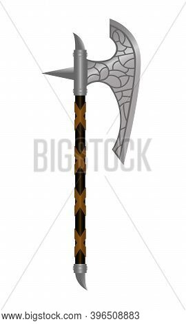 Fantasy Axe With Wooden Shaft And Engraving On The Steel Blade