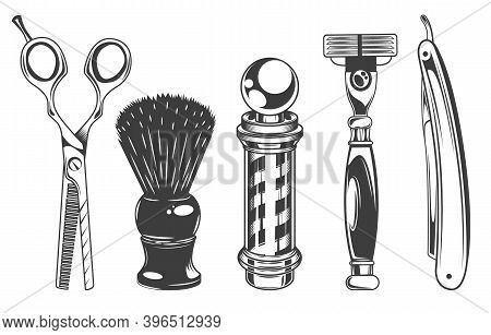 Hairdressers Tools And Barbershop Set Of Vector Black And White Style Objects, Design Elements In Re