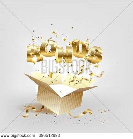 Open Textured Blue Box With Confetti Explosion Inside And Win Gold Word On White Background Horizont