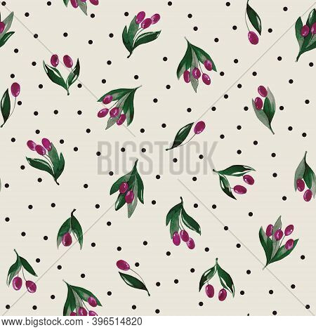 Seamless pattern with branches and berries. Watercolor handmade illustrations.