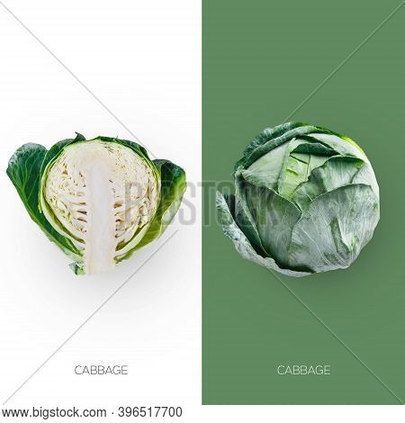 Ripe Green Cabbage Head And Its Half Cut Isolated On Contrast Backgrounds. Closeup Image Of Ideal Ve