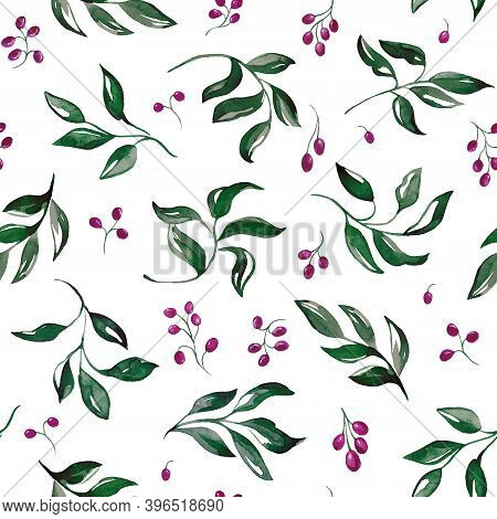 Seamless pattern with branches and berries. Watercolor handmade illustrations.