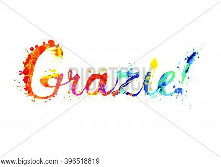 Inscription In Italian: Thank You - Grazie. Vector Calligraphic Splash Paint Letters