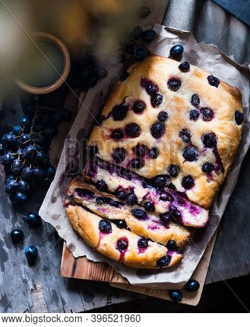 Florentine Grape Bread Schiacciata Con L Uva, A Sweet Focaccia Typical Of Tuscany. Top View, Wooden 