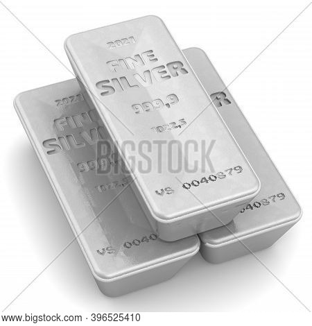 The Highest Standard Silver Bars. Three Ingots Of 999.9 Fine Silver Lie On White Surface. 3d Illustr